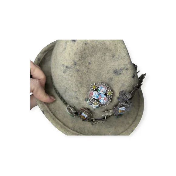 Vintage Austrian Tyrolean Classic Hunting Wool Hat w/ 14 Vintage Pins Size 52